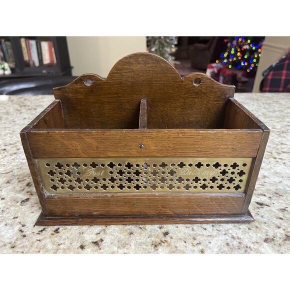 Antique Wooden Letter or Correspondence Wall Or Desk Engraved Box Holder